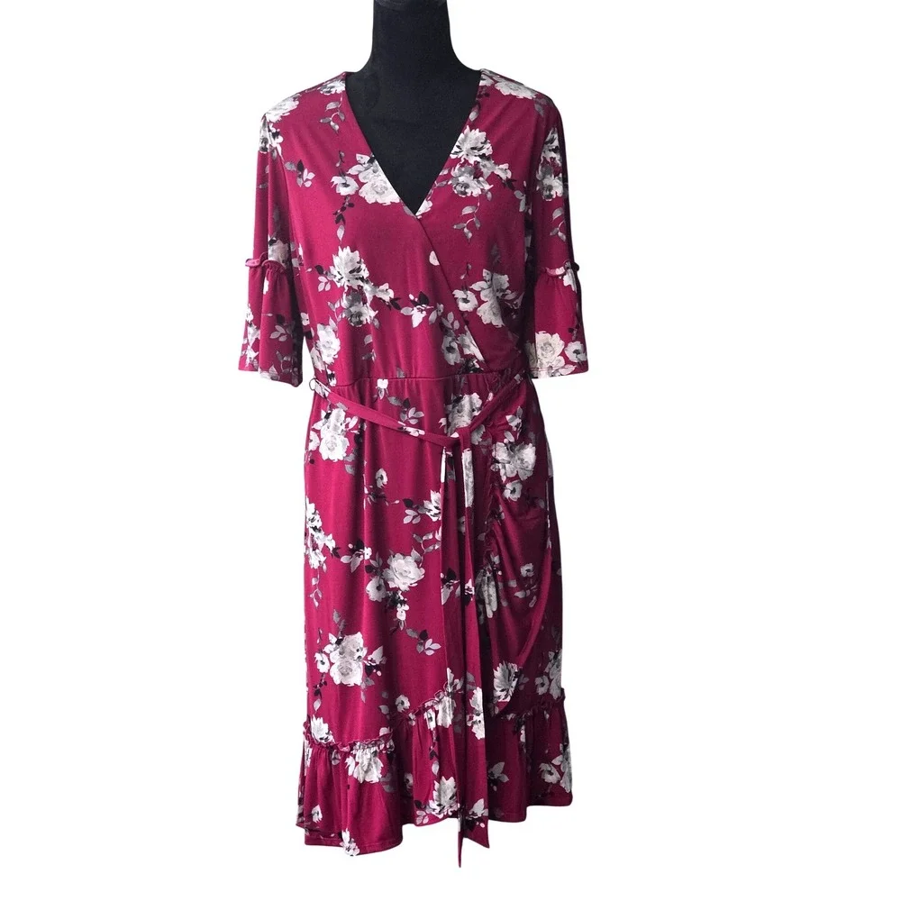 Cato Burgundy Floral Wrap Midi Dress Ruffle Sleeve V-Neck Tie Waist Stretch L B1